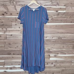 LuLaRoe Carly Dress, Size S, Steel Blue & Salmon Red Vertical Stripes